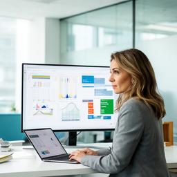 Head of Analytics studying resource data on a large monitor in a bright office